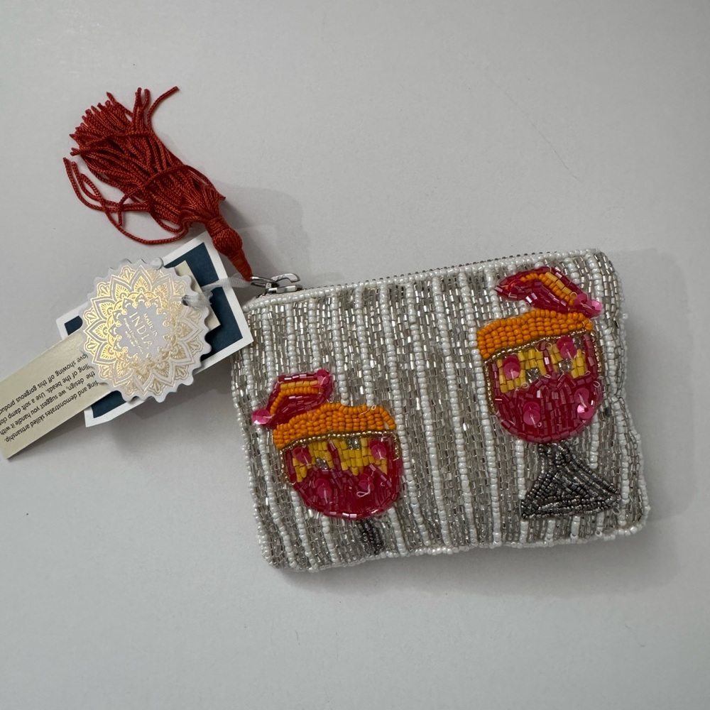 Viral Beaded Silver Clutch with Red Tassel